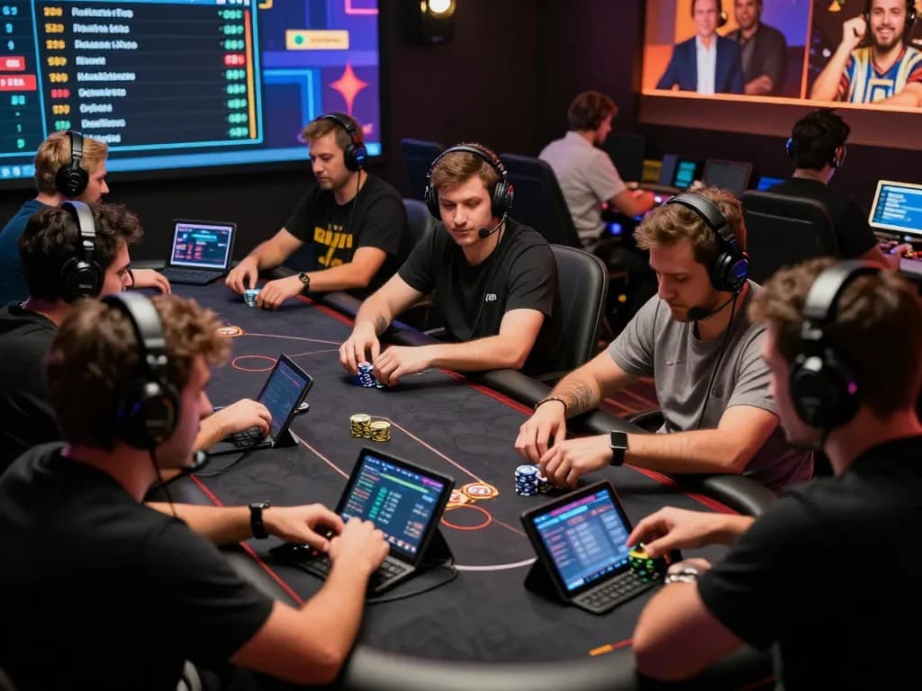 TG777 players engaged in intense online poker game from home setup.