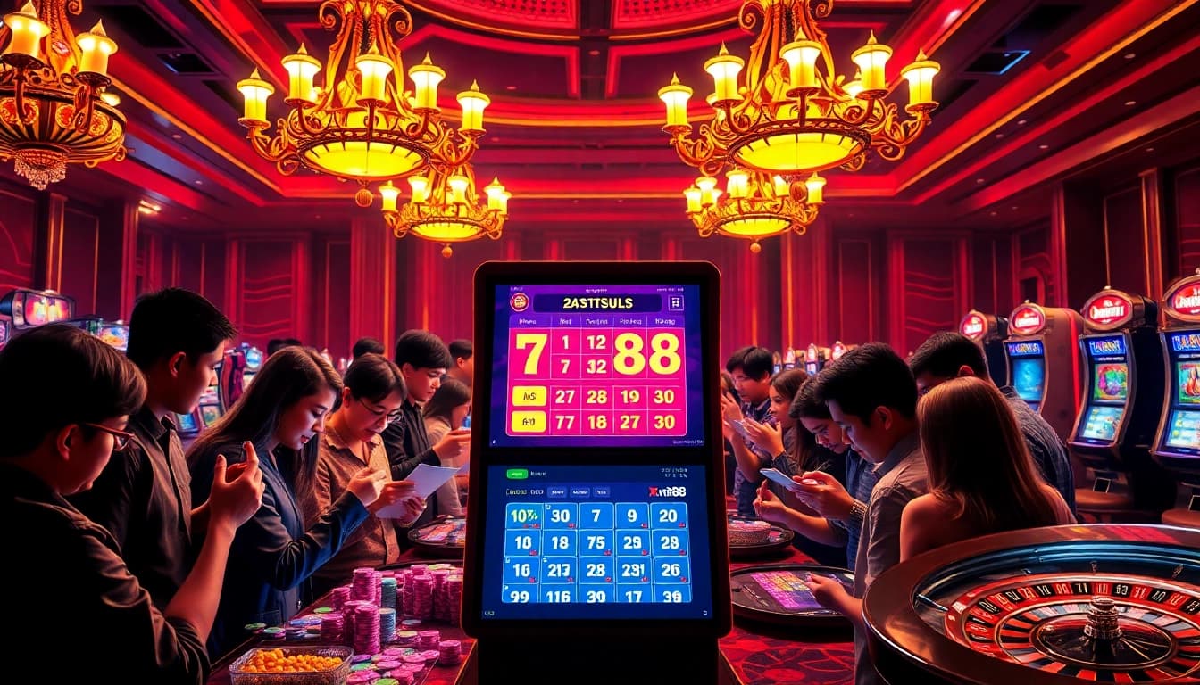 Catching the excitement of xổ số xn88 players at a vibrant digital lottery terminal.