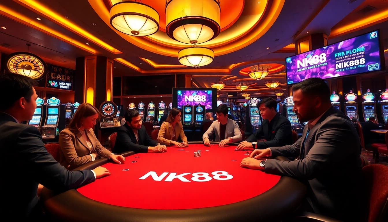 Experience the thrilling action at NK88's vibrant casino table, where players engage in strategic poker.