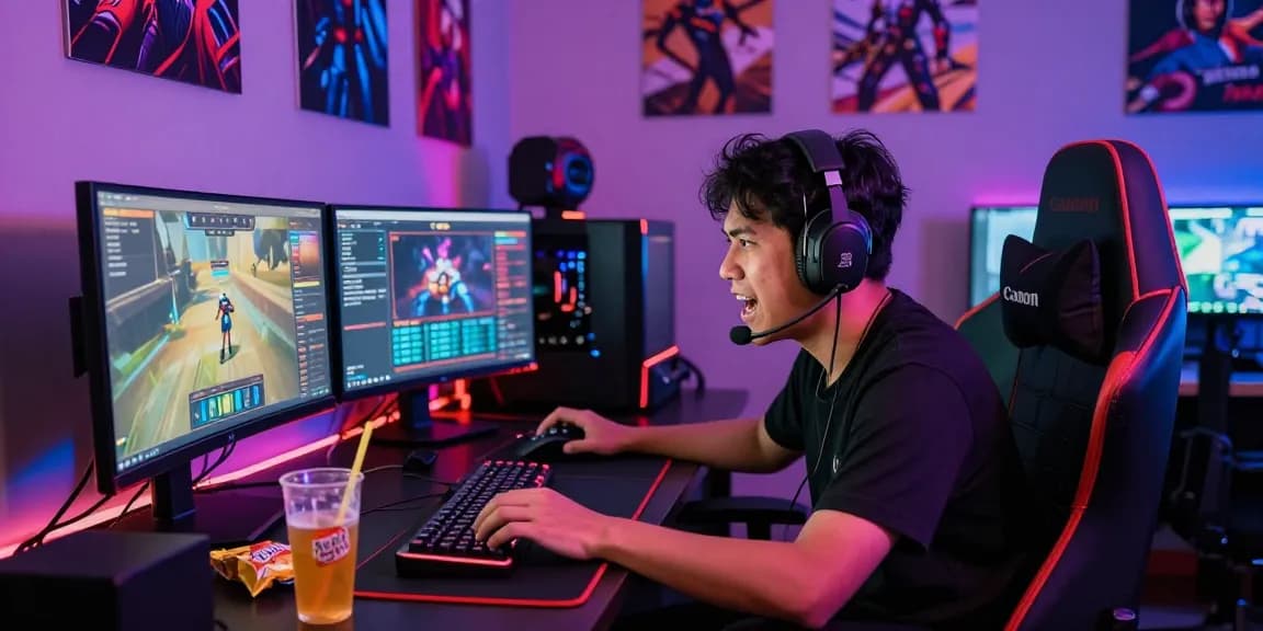 Gamer yang terjun4d dengan fokus tinggi di ruang permainan berwarna-warni.
