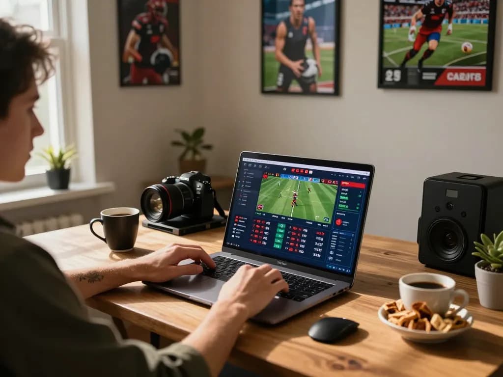 Engaging in sports betting online at https://mk8th.net/ from a cozy home office with lively atmosphere.