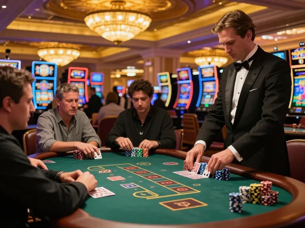Players enjoy blackjack at a CM88 luxury casino table, strategizing their bets amid vibrant atmosphere.