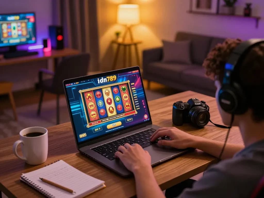 Orang menggunakan kasino online idn789 di laptop, menunjukkan permainan yang menarik dan catatan strategis.