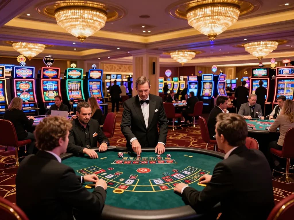 F168 players enjoying blackjack at a luxurious Las Vegas casino table with vibrant atmosphere