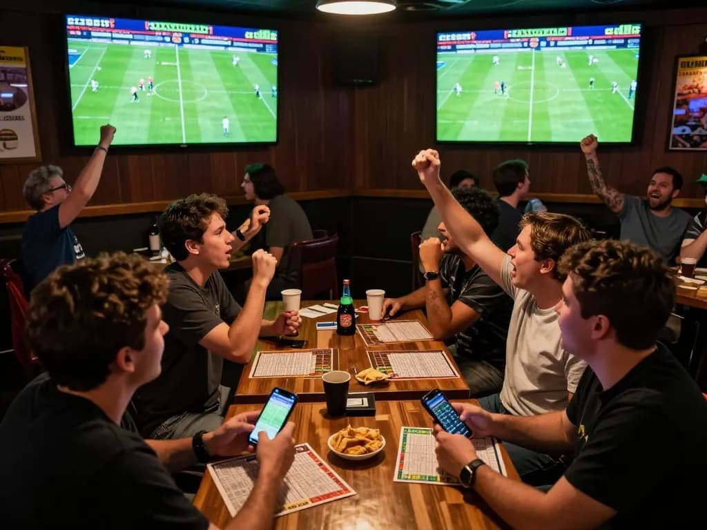 An active sports betting environment where a user engages with their smartphone to place bets while watching a football match, alluding to the keyword nddo in context.
