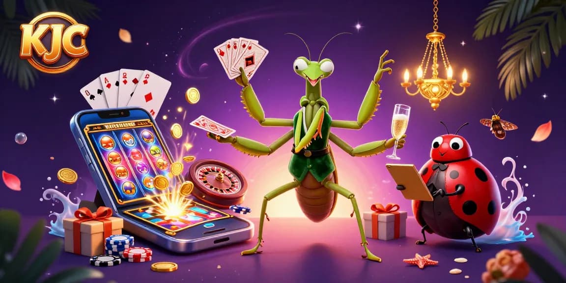 KJC offers thrilling gambling experiences with a dynamic casino scene featuring a vibrant praying mantis card sharp.