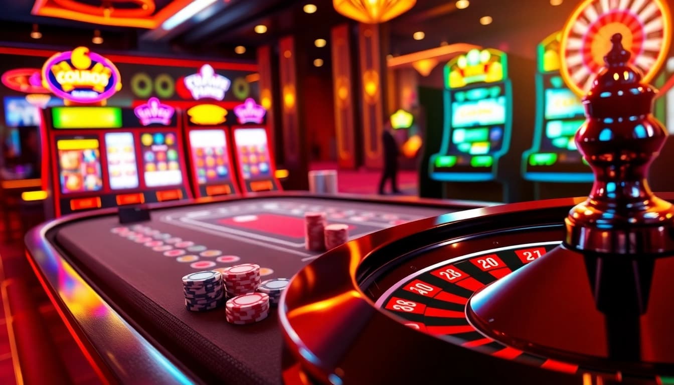 Exciting gameplay at go88 featuring poker chips and vibrant slot machines in a luxurious casino.