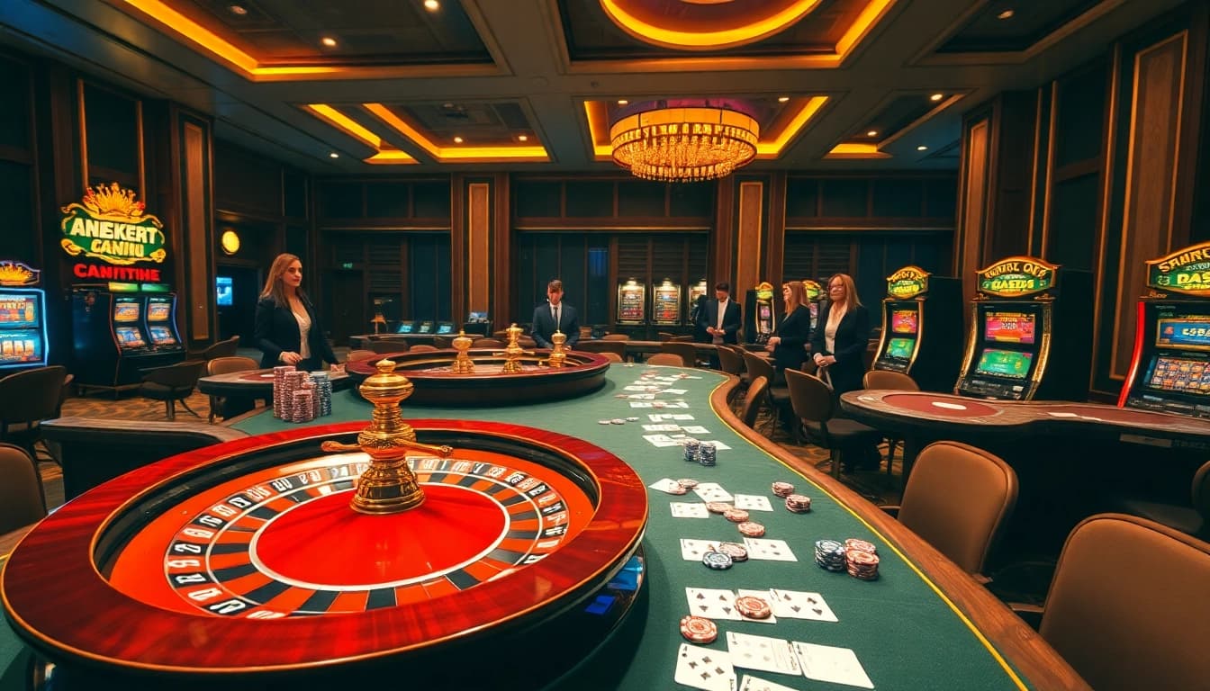 NK88 casino scene featuring luxurious tables, vibrant slots, and professional dealers.