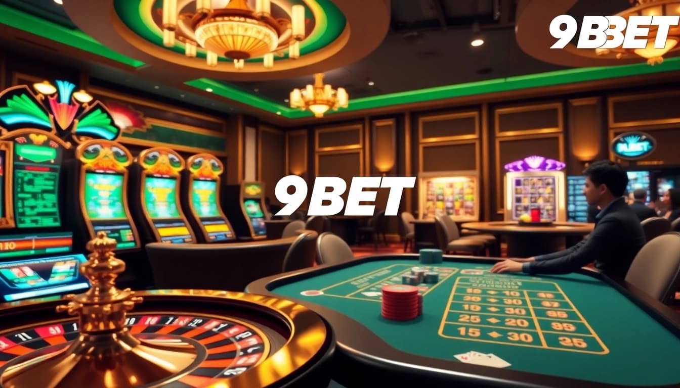 Experience the thrill of 9BET with a luxurious casino scene featuring roulette wheels and poker chips.