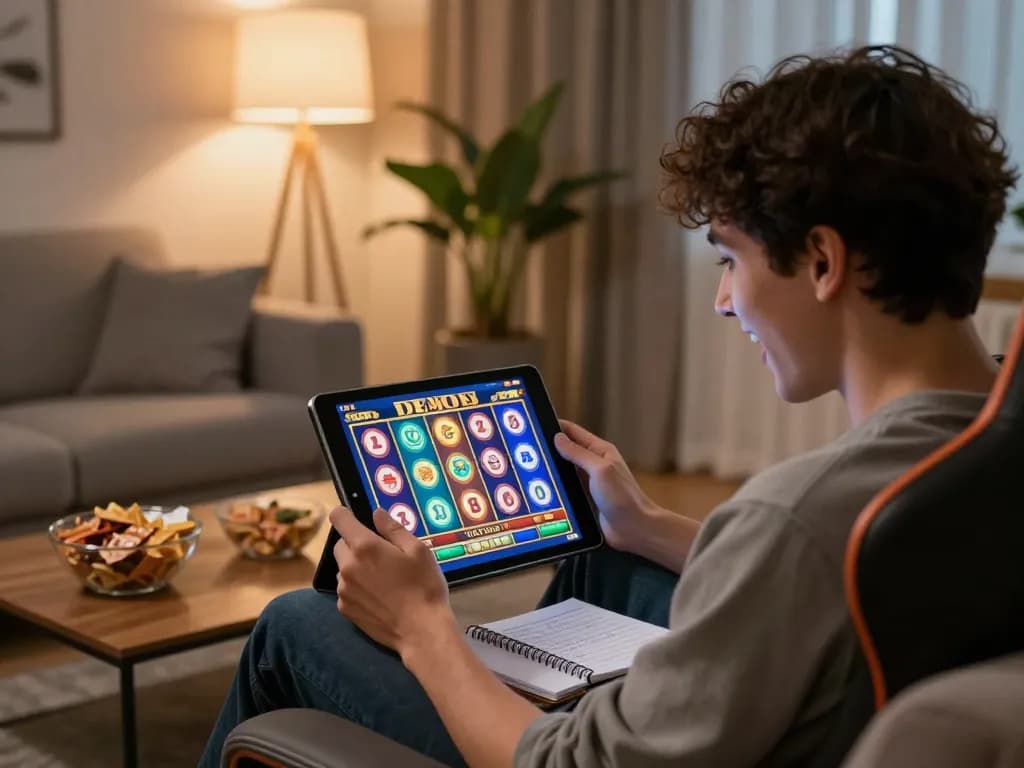 Berinteraksi dengan Demo Slot yang berwarna-warni di tablet di rumah, menampilkan pengalaman permainan slot yang bersemangat.