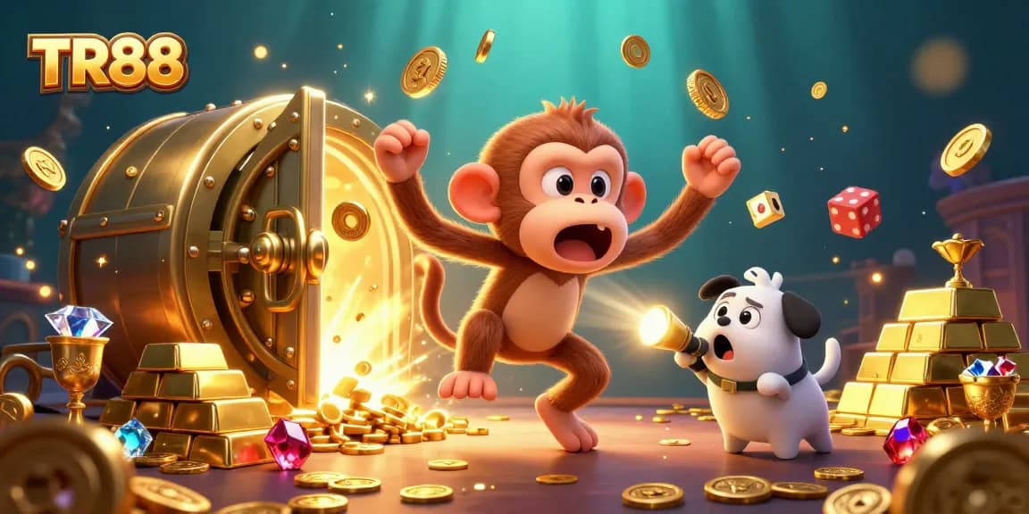 TR88 interactive casino scene with a playful monkey juggling coins and a curious puppy tracking it.