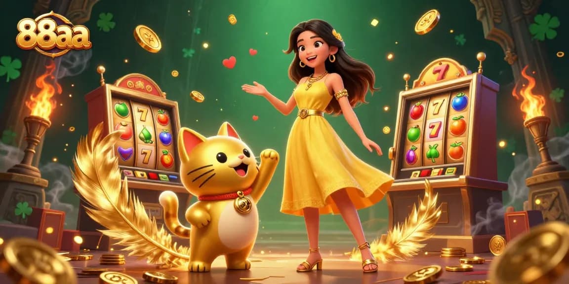 Experience exciting slot games at 88aa with vibrant illustrations of a cheerful Asian woman and lucky cat.