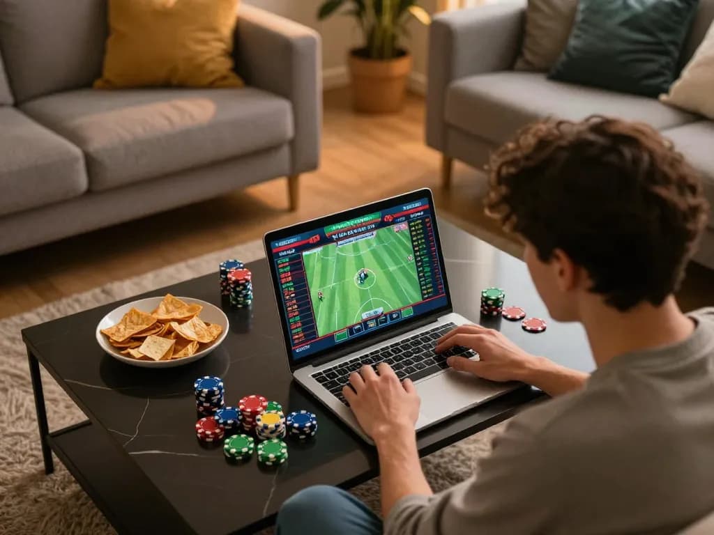Engage with live sports betting on 777vip utilizing laptops and refreshments in a cozy home environment.