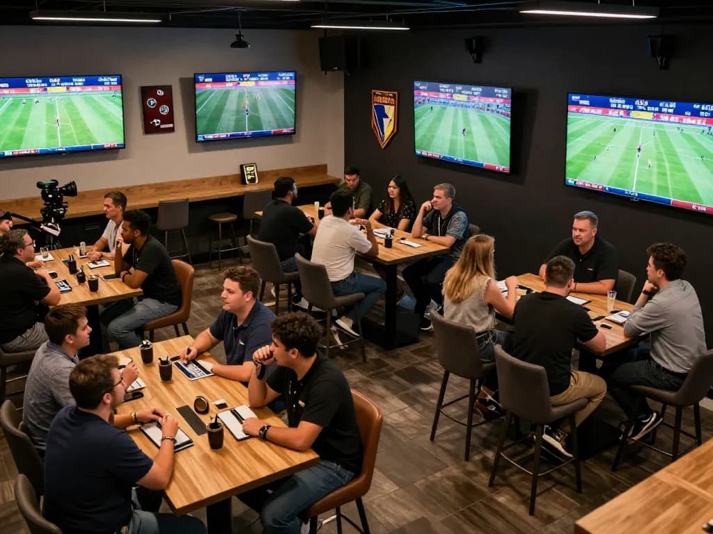 Engaged sports fans placing bets while xem tỷ số bongdalu updates flash on multiple screens in a lively betting lounge.