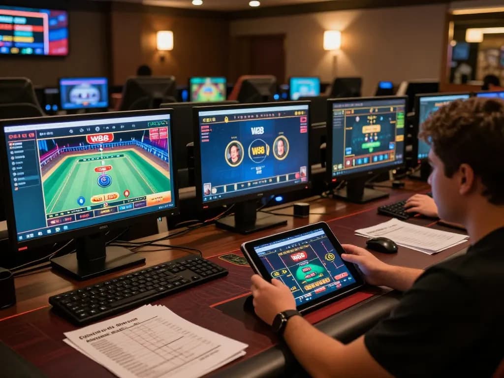 W88 player engaged in a live dealer game on multiple screens, showcasing responsible online gambling