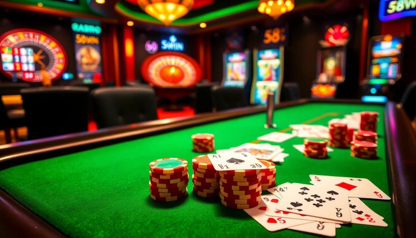 Experience the thrill of 58WIN with vibrant poker chips and an exciting roulette wheel.