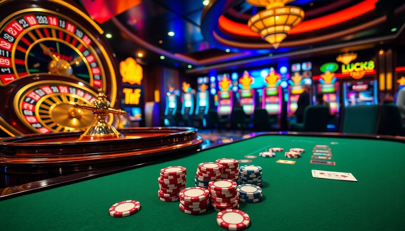 Engaging players in Luck8 games at a vibrant casino with roulette and slot machines.