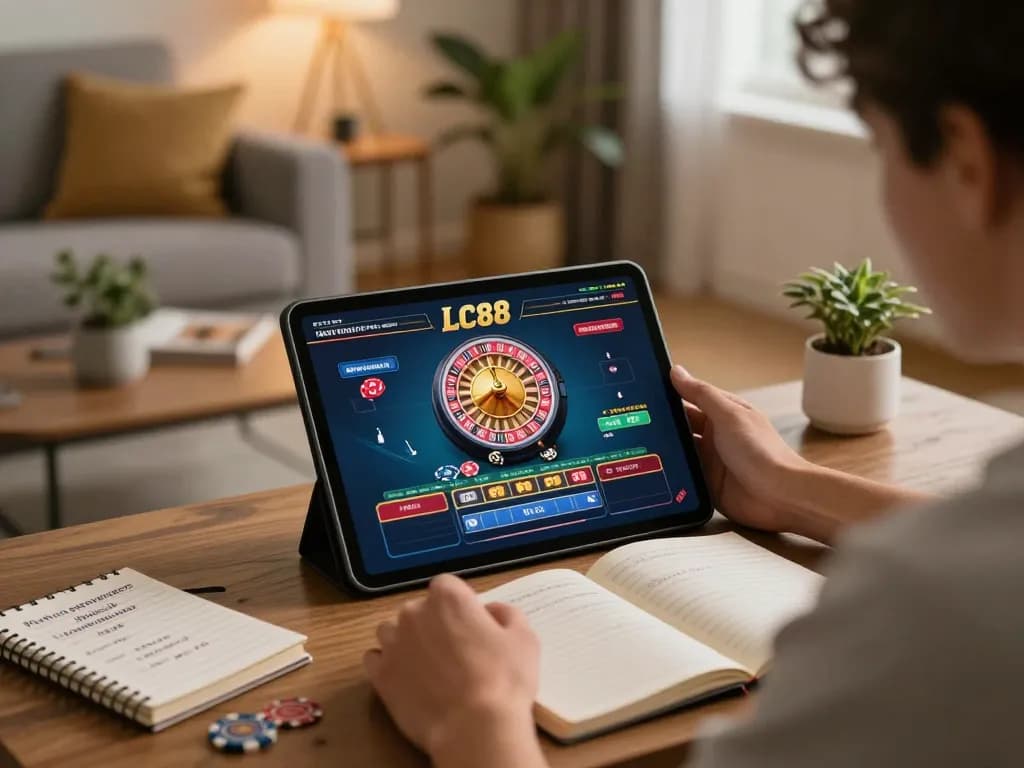 LC88 player engaged in live dealer roulette from home, showcasing responsible gaming habits with notes on bankroll.