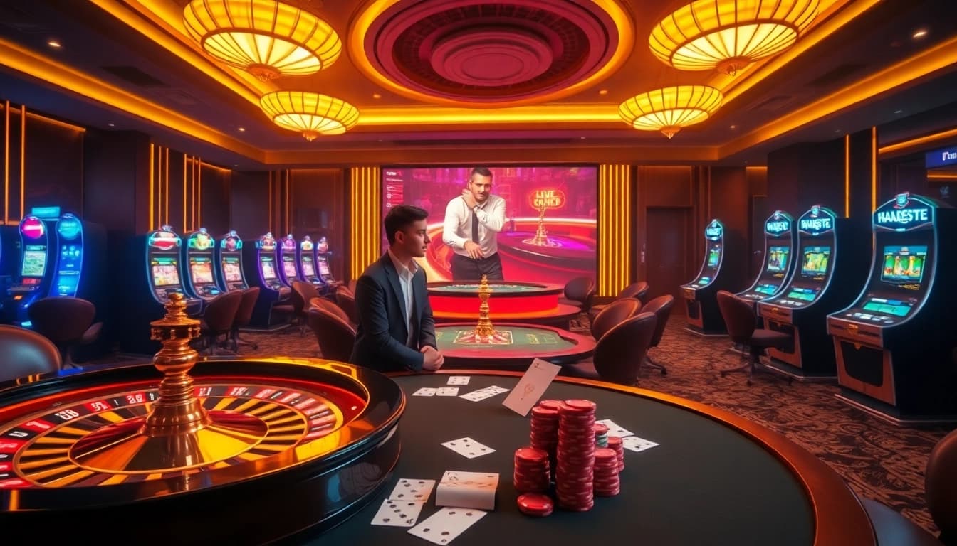 The dynamic atmosphere of Nhà cái king88 featuring casino tables, chips, and a vibrant roulette wheel.