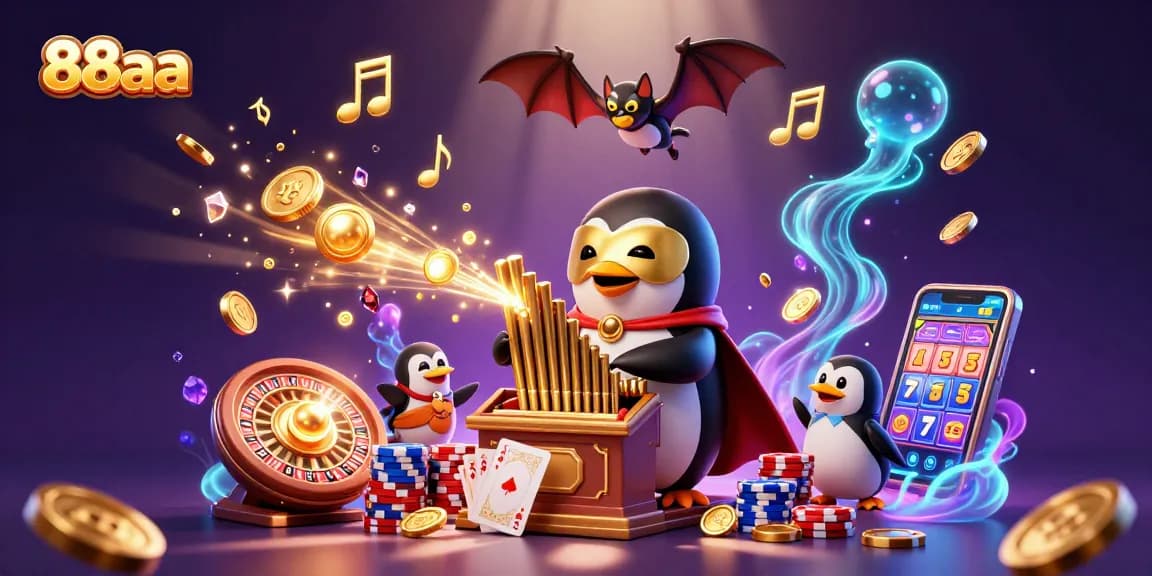 Experience the thrill of 88aa casino games with vibrant 3D illustration featuring a penguin and bat.