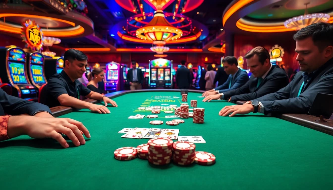 Katsu5 menampilkan pemain poker fokus di kasino, merasakan ketegangan dengan suasana yang hidup.