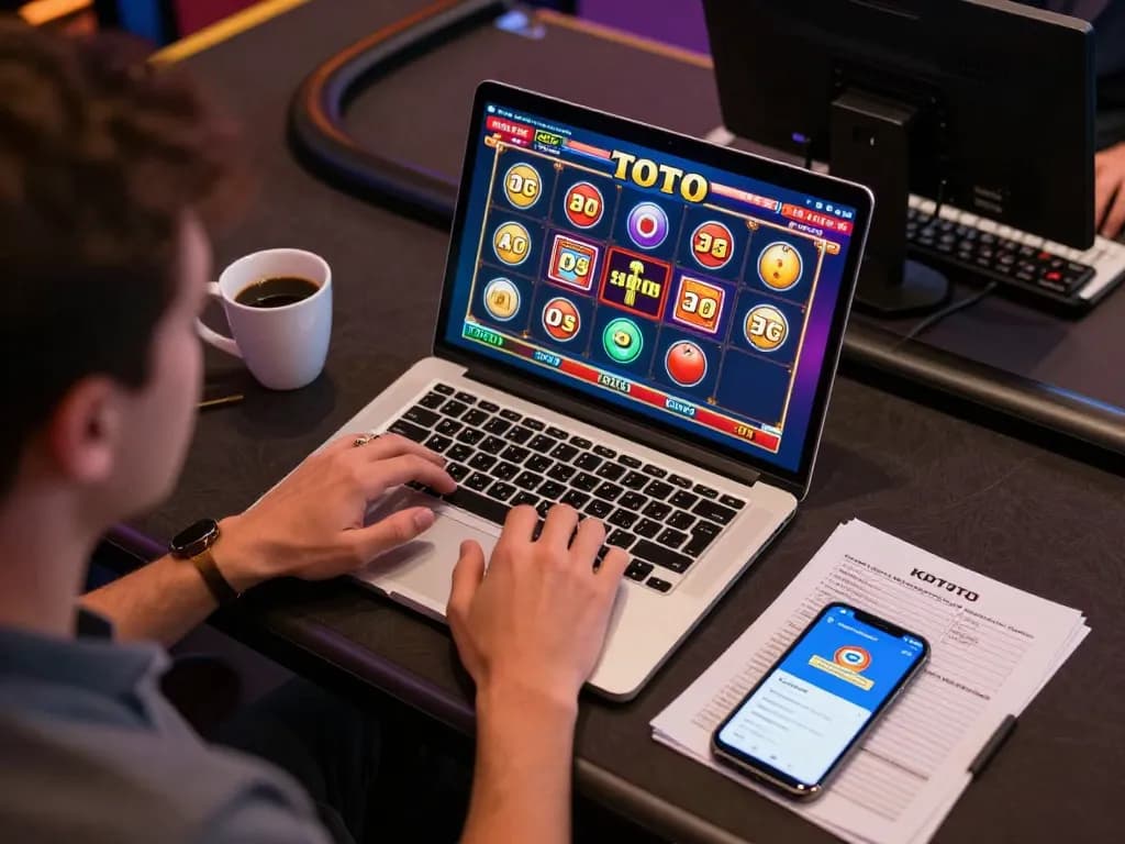 Player enjoying KDTOTO online Toto Slots on laptop screen while strategizing with notes nearby.