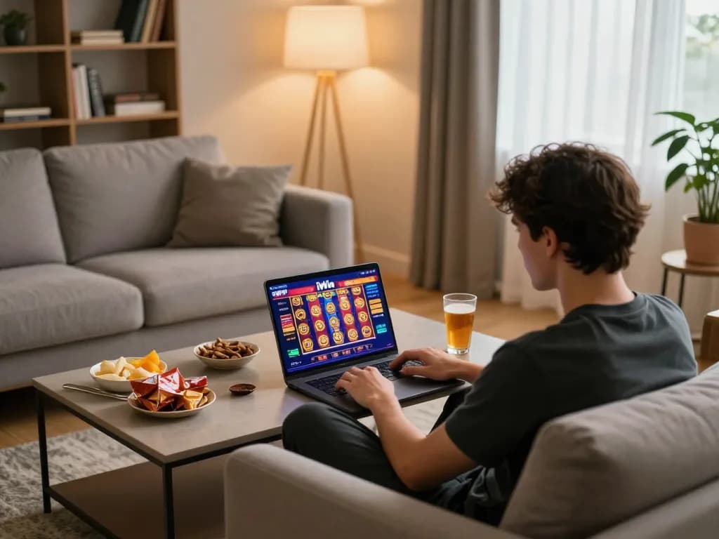 Engaging gaming session on iWin platform showcasing vibrant online slots on a laptop at home