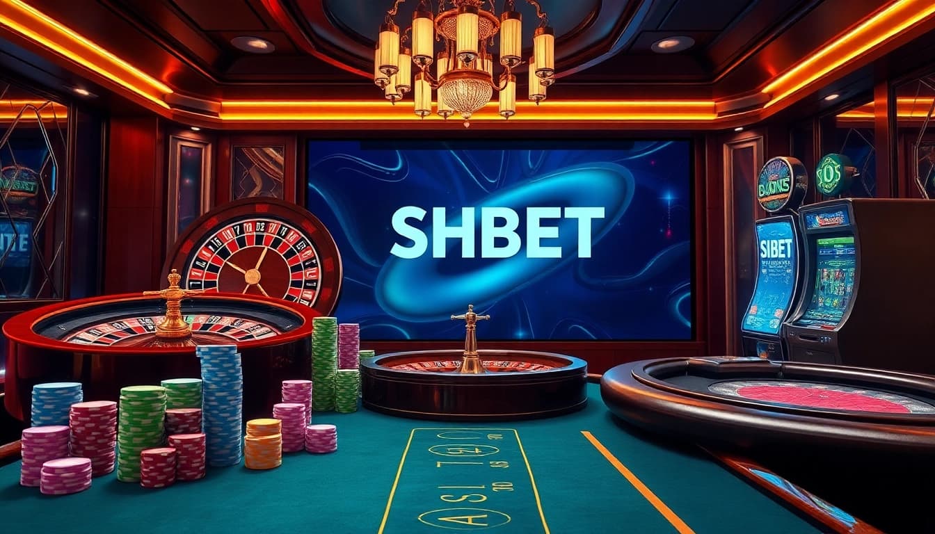 Experience the excitement of SHBET with vibrant casino elements like roulette, poker chips, and a slot machine.