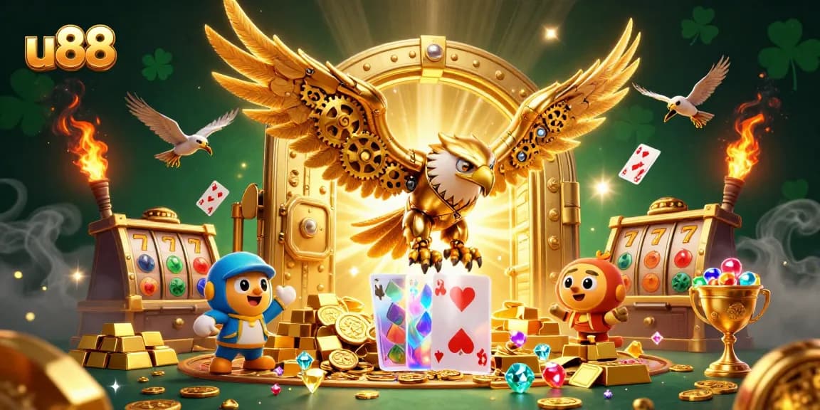 Experience thrilling wins with u88's golden eagle diving through vibrant casino elements and holographic cards.