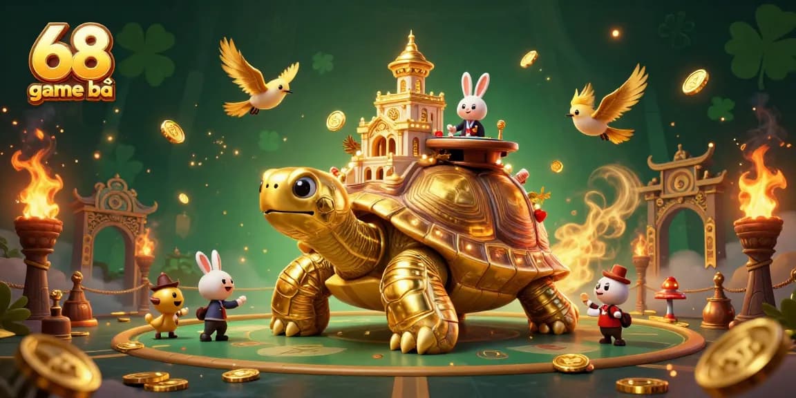 Experience the thrill of 68 game bài with a dynamic scene of a golden tortoise casino and rabbit dealer.