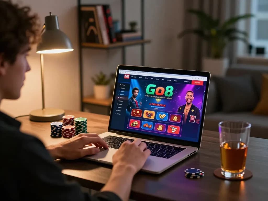 Experience seamless gaming at Go8 with a cozy home setup and vibrant casino interface