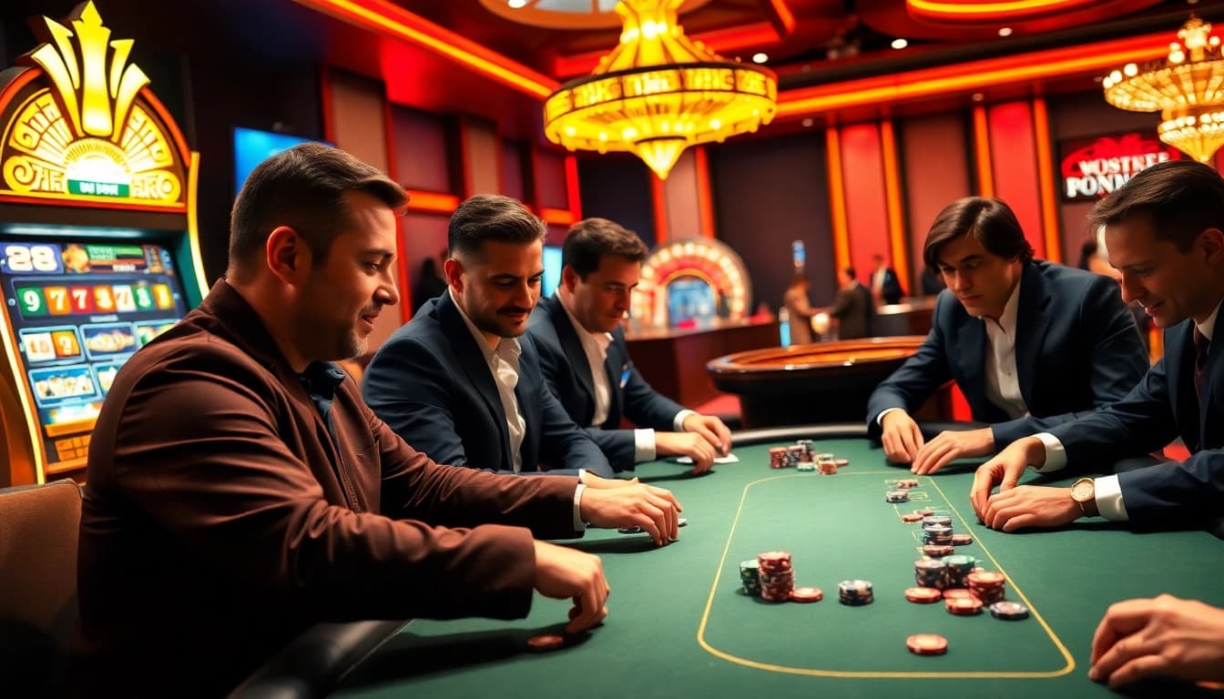 Engaging poker scene at a luxury casino table featuring 89bet branded poker chips in play.
