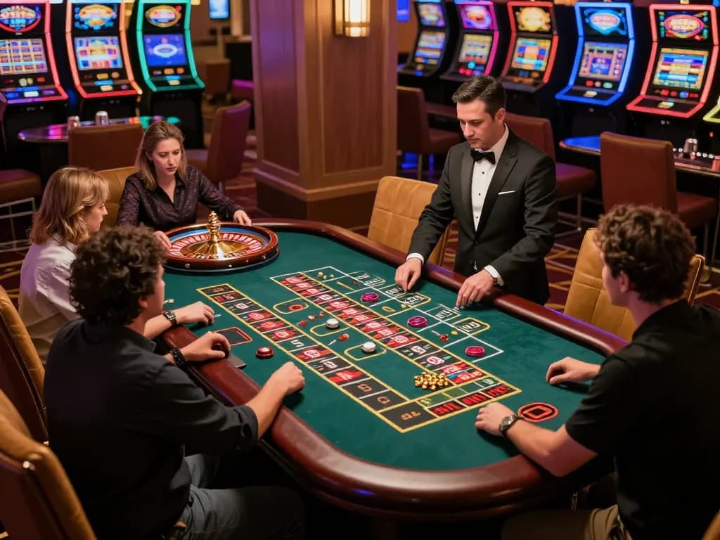 Players enjoying a thrilling roulette game at FC88's luxurious live casino with vibrant decor.