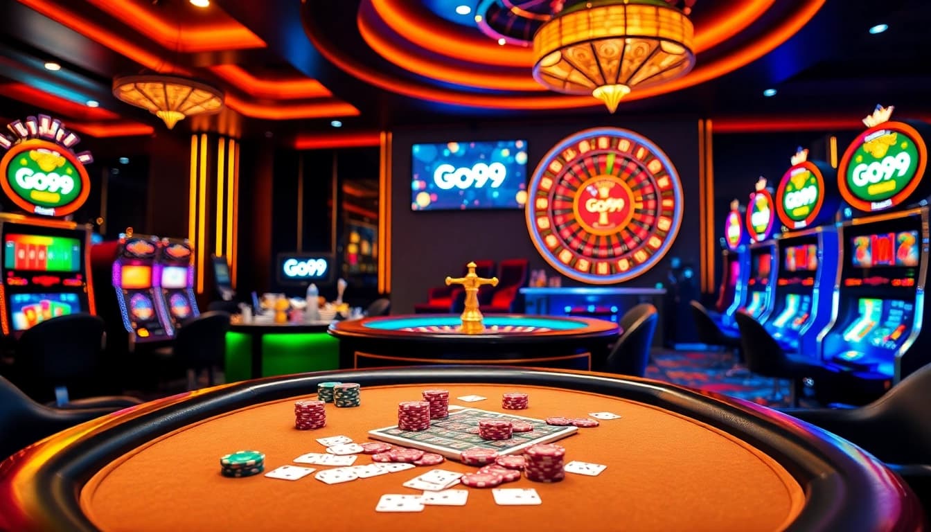 Go99 players enjoying a vibrant casino atmosphere with poker chips and roulette.
