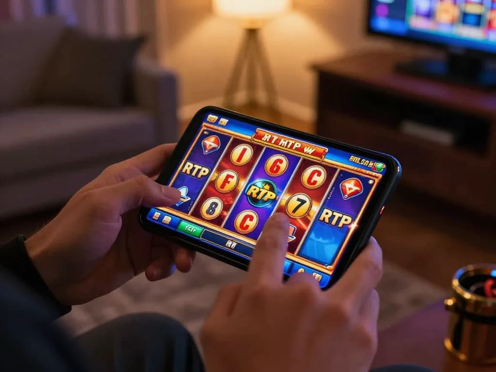 Engaging in RTP slot gameplay on a smartphone in a warm, inviting setting with colorful graphics.