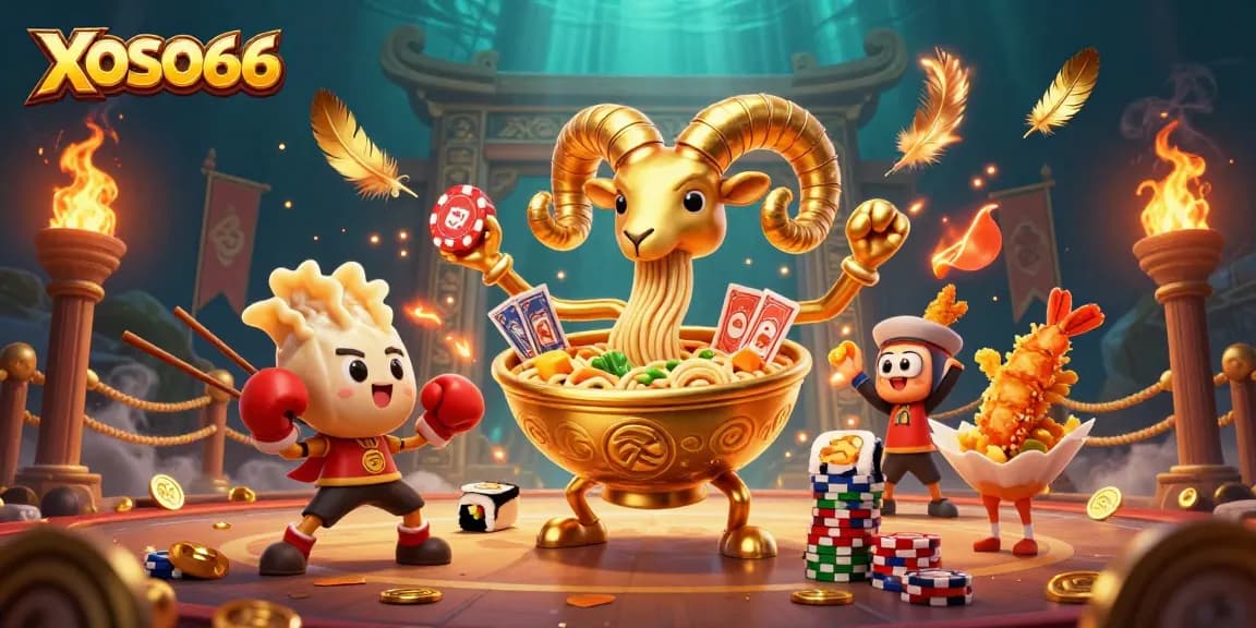 XOSO66 engages players in an exciting 3D casino scene with a giant ramen bowl dealer and dynamic game elements.