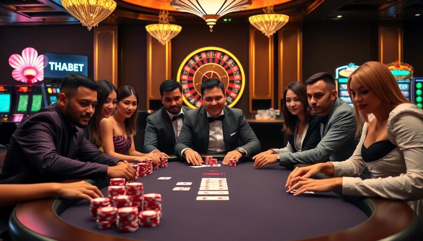 Players engaged in a serious poker game at THABET branded casino table, showcasing excitement and strategy.