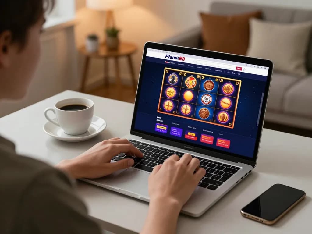 Player engaged with Planet88 online slot games on a laptop in a cozy home setting.
