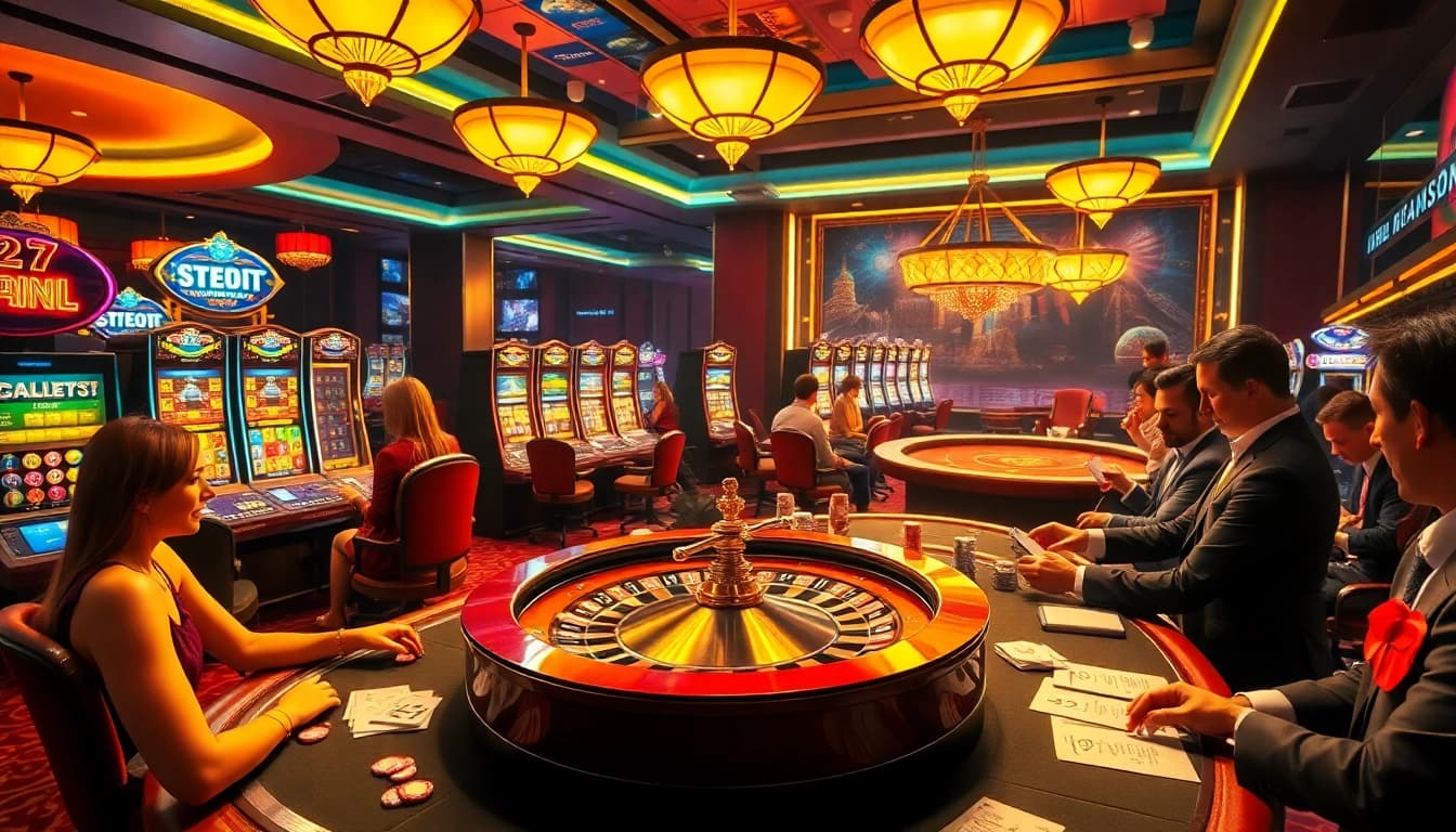 Engaged players enjoying gambling at https://xx88casino.com/ in a luxurious casino atmosphere.