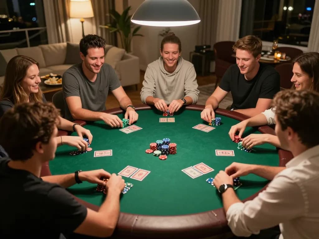 F168 poker night scene with players enjoying a competitive yet friendly game at home, vibrant atmosphere and cozy setting