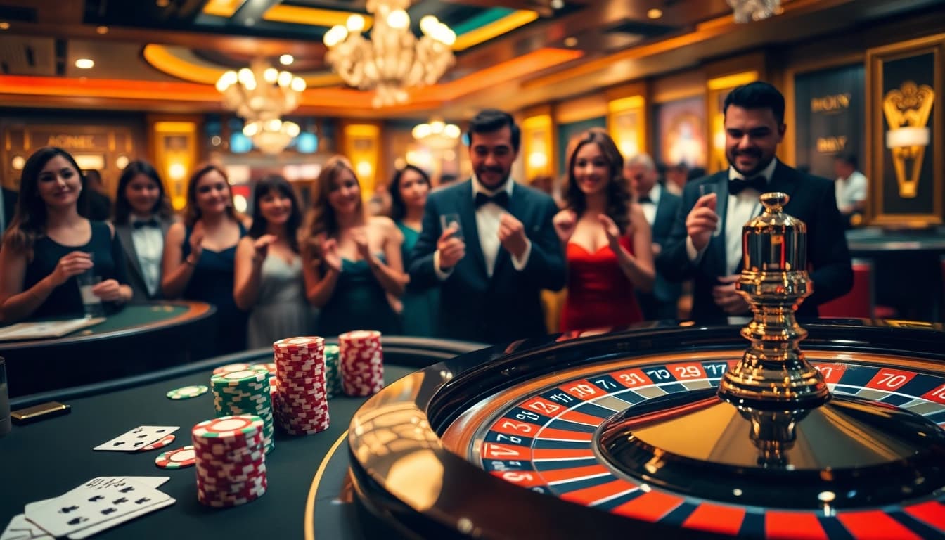 Togel HK betting table with vibrant poker chips and a roulette wheel in an elegant casino.