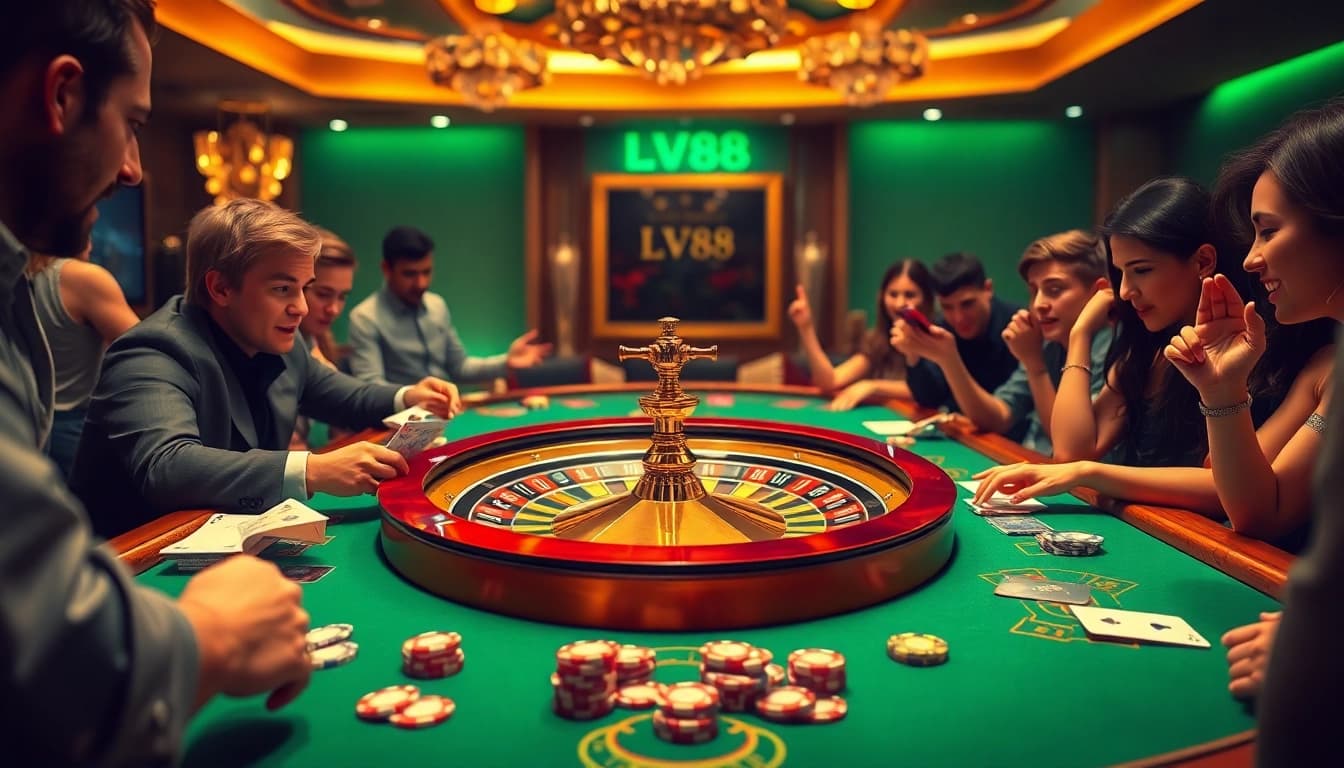 Players enjoying a thrilling game at the lv88 casino table with poker chips and cards.