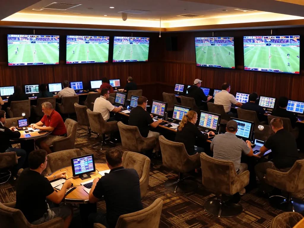 Bsport users intensely strategizing bets in a luxurious sports betting lounge
