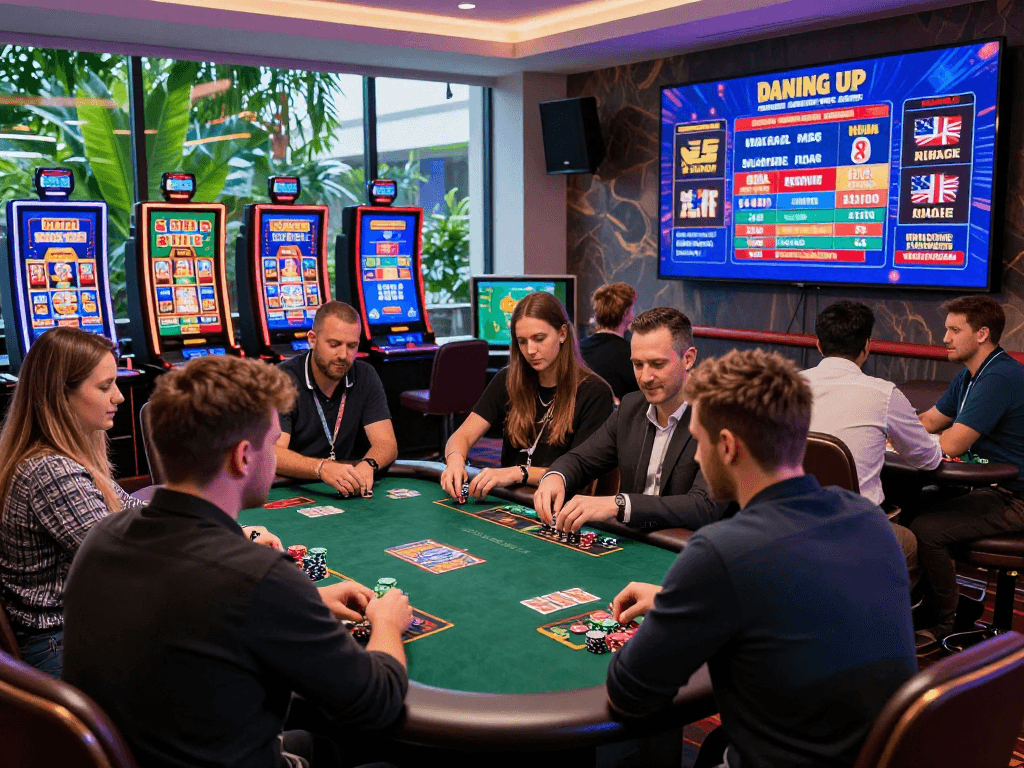 Exciting scene of US casinos for UK players with diverse players enjoying live dealer games and slot machines in a vibrant environment.