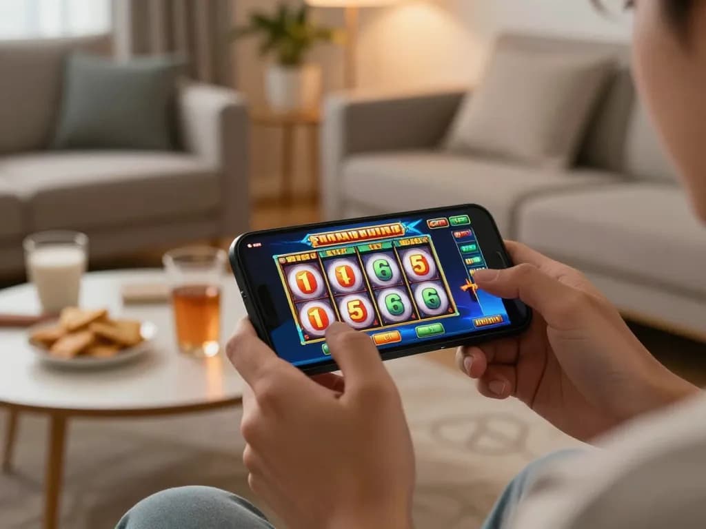 Player enjoys thrilling mobile slot game experience with gincal app in cozy living room