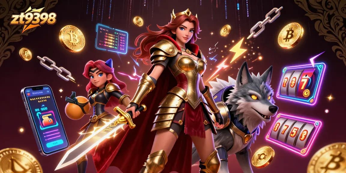 Engage with thrilling games at zt9398 featuring a warrior queen and armored wolf amid vibrant gambling elements.