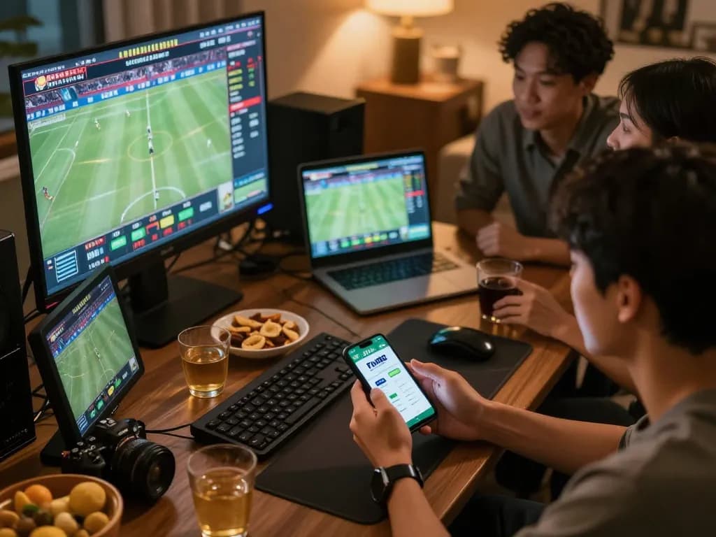 Experience exciting sports betting on Fun88 with friends in a warm home setting, showcasing vibrant screens and smart devices.