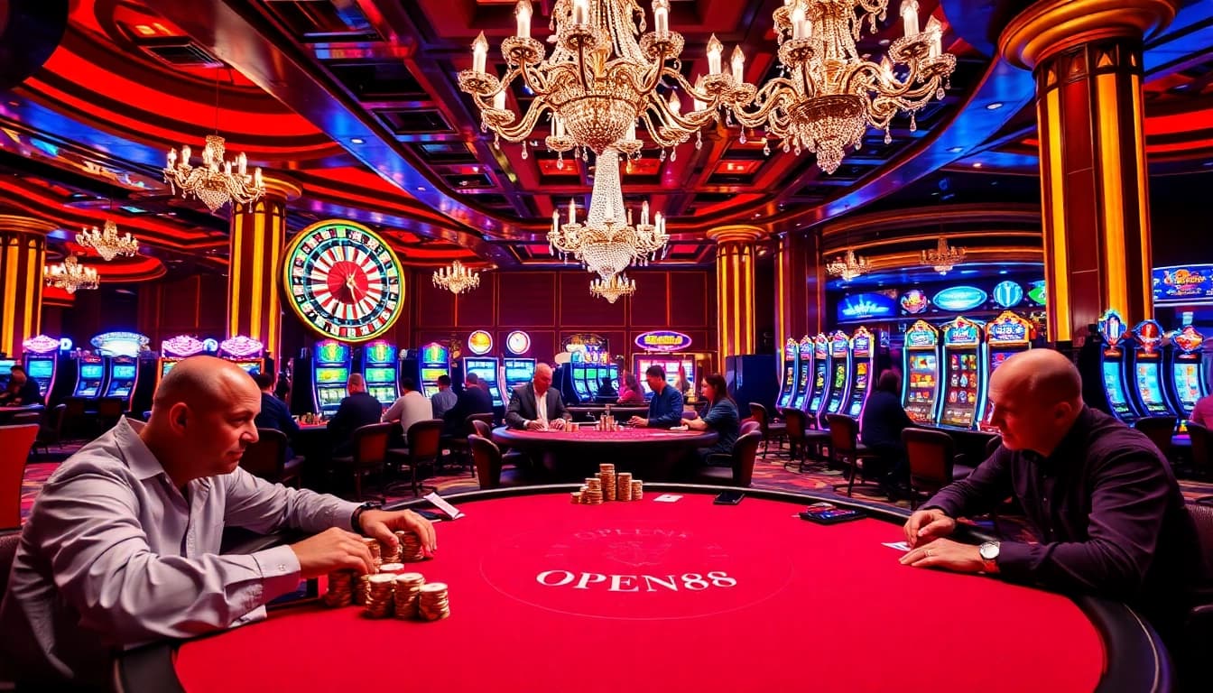 High-stakes poker action showcasing OPEN88 casino excitement with intense players and vibrant chips.