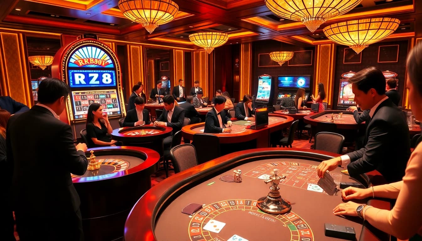 RR88 players enjoying a thrilling game at a luxurious casino table, surrounded by poker chips and cards.