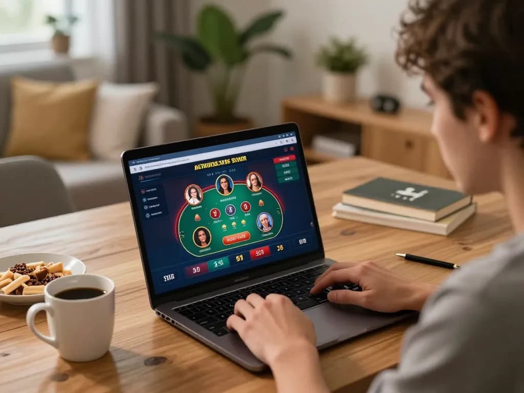 Engaging in online gambling with PLANET88 at home, showcasing strategic gameplay.